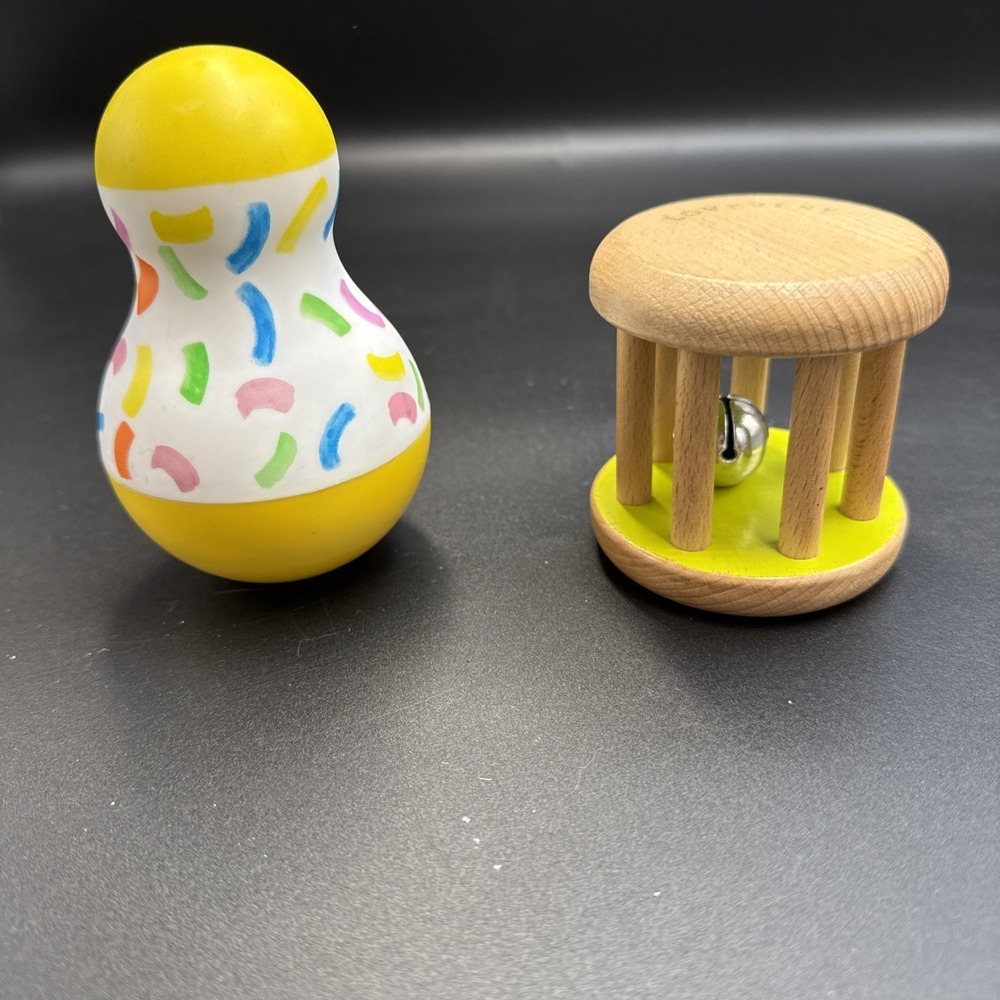 LOVEVERY Wooden Rolling Bell Rattle - Tummy Time Wobbler Montessori Baby Toy